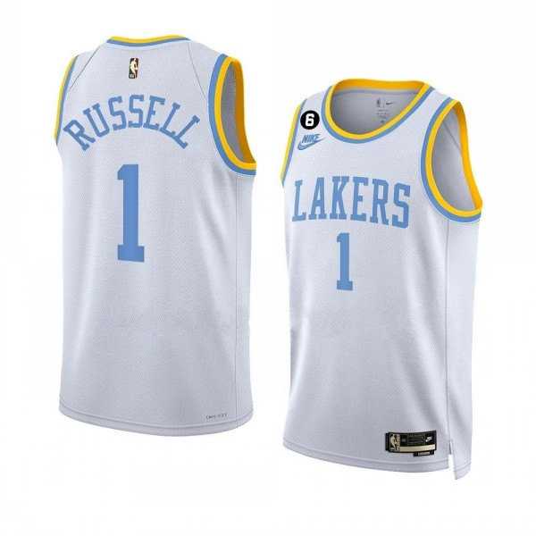 Men's Los Angeles Lakers #1 D'Angelo Russell 2022-23 White Classic Edition With No.6 Patch Stitched Basketball Jersey Dzhi